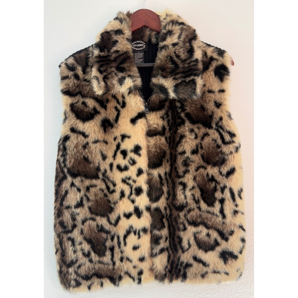 Vintage 90s Y2K Designers Studio Originals Leopard Print Faux Fur Vest Full Zip